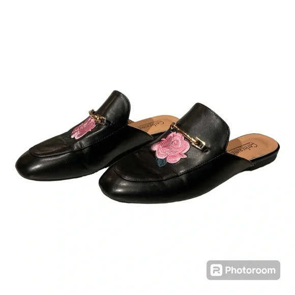 Catherine Malandrino Pika Women's Sz 7 Embroidered Floral Mules Slides Black GUC - Picture 1 of 7